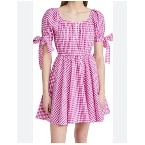 Caroline Constas Bardot Pink White Gingham Scoop Nck Puff Sleeve Dress sz M